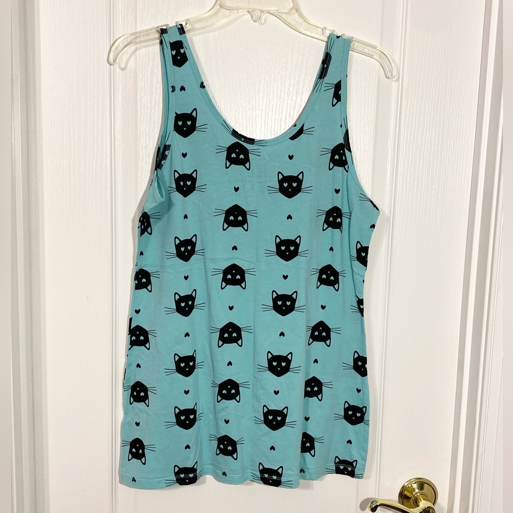 No Boundaries CAT Heart Print Graphic Tank Top Aqua Black Junior XXL